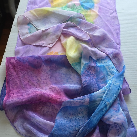 100% Silk Watercolor Tie‑Dye Oblong Scarf 13x67 Pastel Purple Blue - Picture 7 of 7